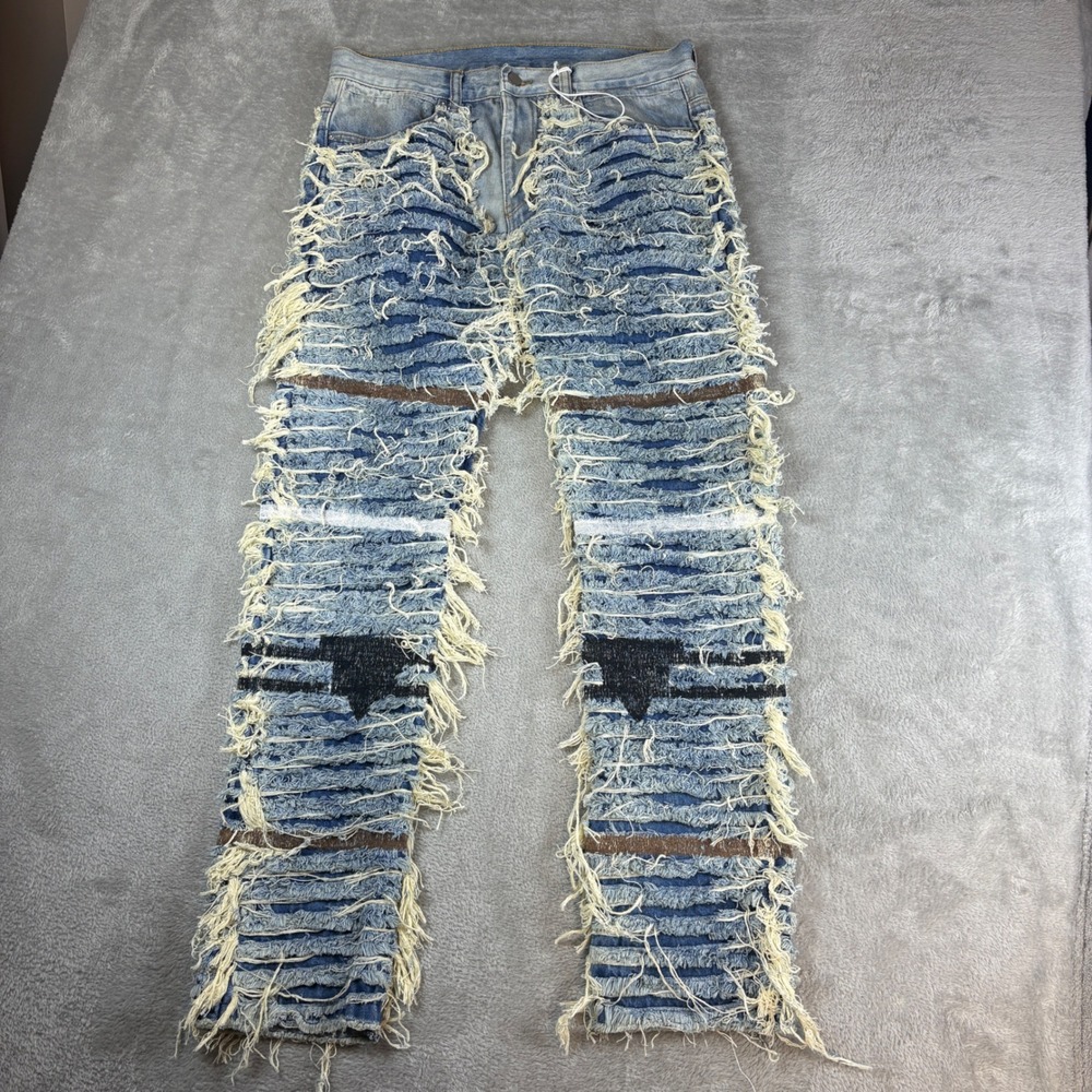 mnml Jeans Men 34 (Fits 34x33) Tiered Distressed Fray Faded Whiskered Blue Denim